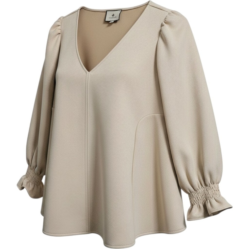 Tuckernuck Blouse Womens M Beige V-Neck Smocked Cuff Balloon Sleeve Crepe Top*
